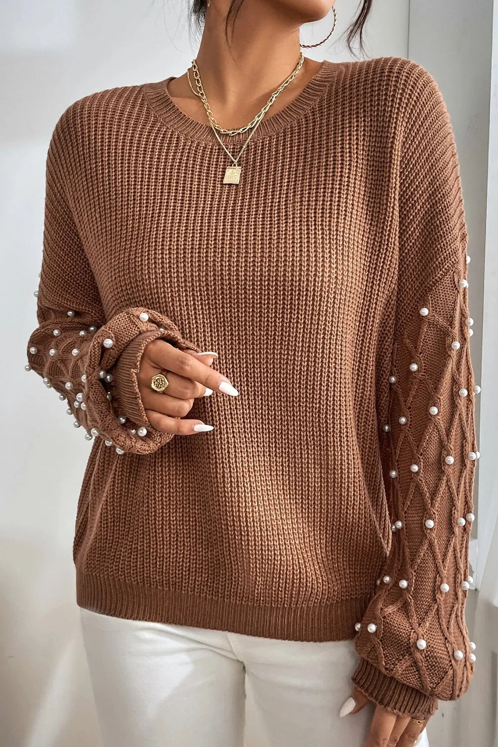 KaleaBoutique Beaded Drop Shoulder Round Neck Sweater