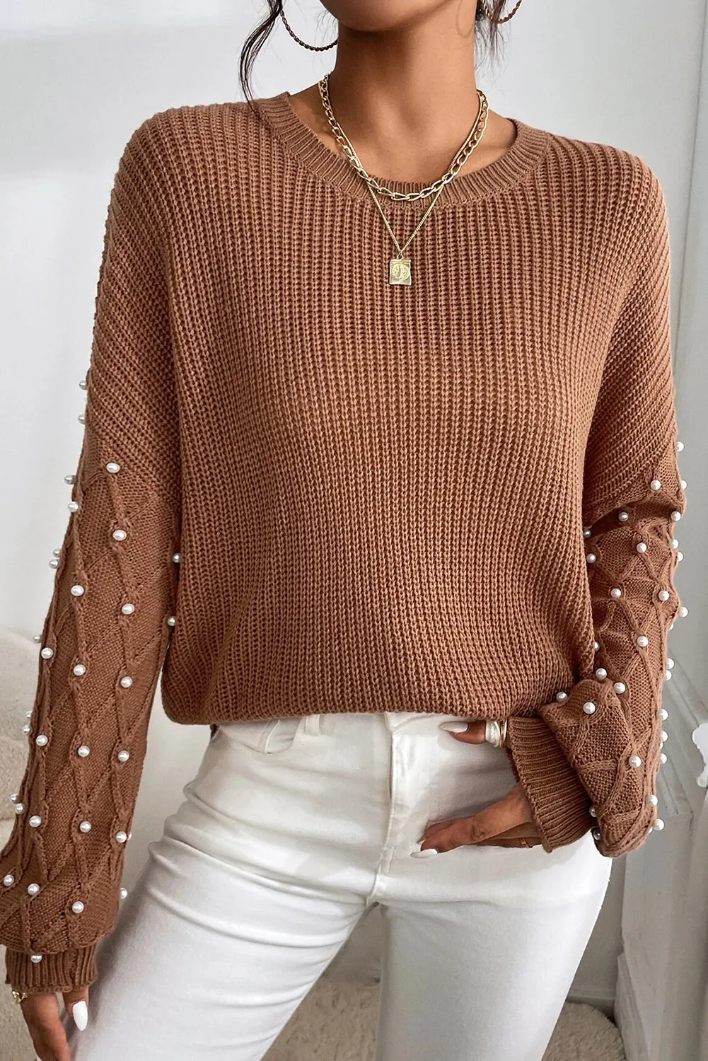 KaleaBoutique Beaded Drop Shoulder Round Neck Sweater