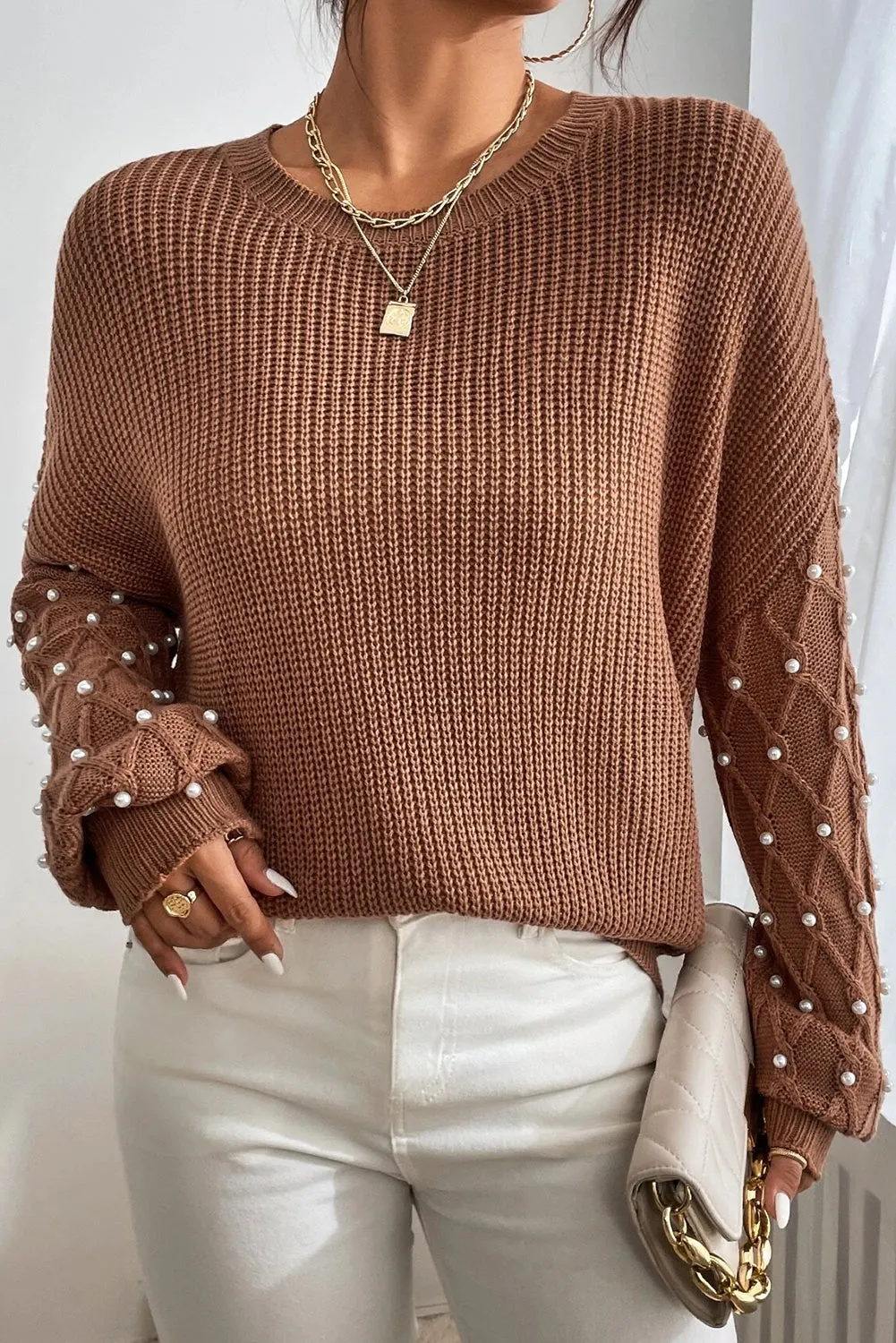 KaleaBoutique Beaded Drop Shoulder Round Neck Sweater
