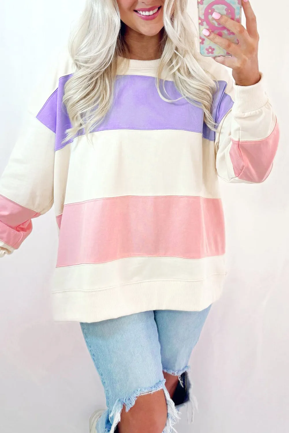 KaleaBoutique Colorblock Patchwork Drop Shoulder Crewneck Sweatshirt