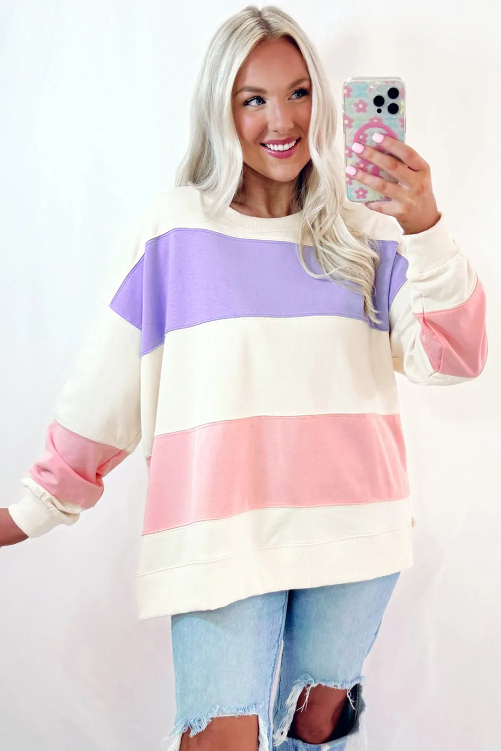 KaleaBoutique Colorblock Patchwork Drop Shoulder Crewneck Sweatshirt