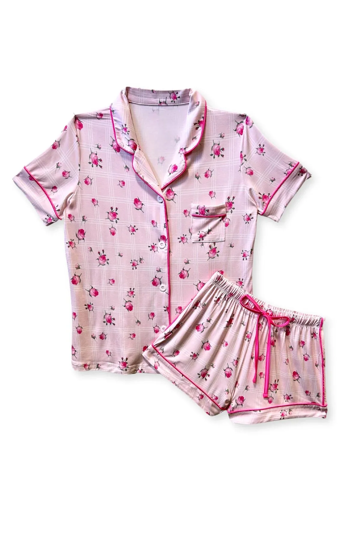 KATIEJ NYC- JUNIOR LYNN SHORTS LOUNGE SET (pink rosebud plaid)