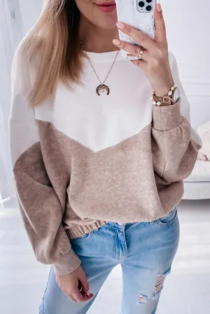 Khaki Colorblock Cutout Elastic Hem Pullover Sweatshirt