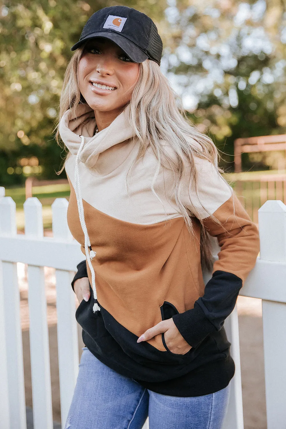 Khaki Pink Colorblock Pocketed Hoodie