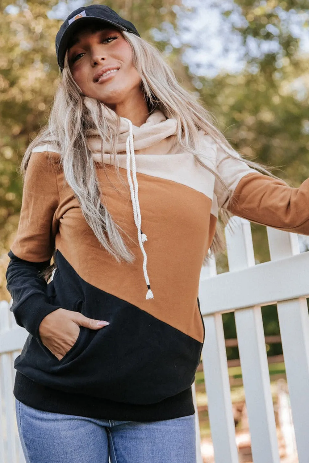 Khaki Pink Colorblock Pocketed Hoodie