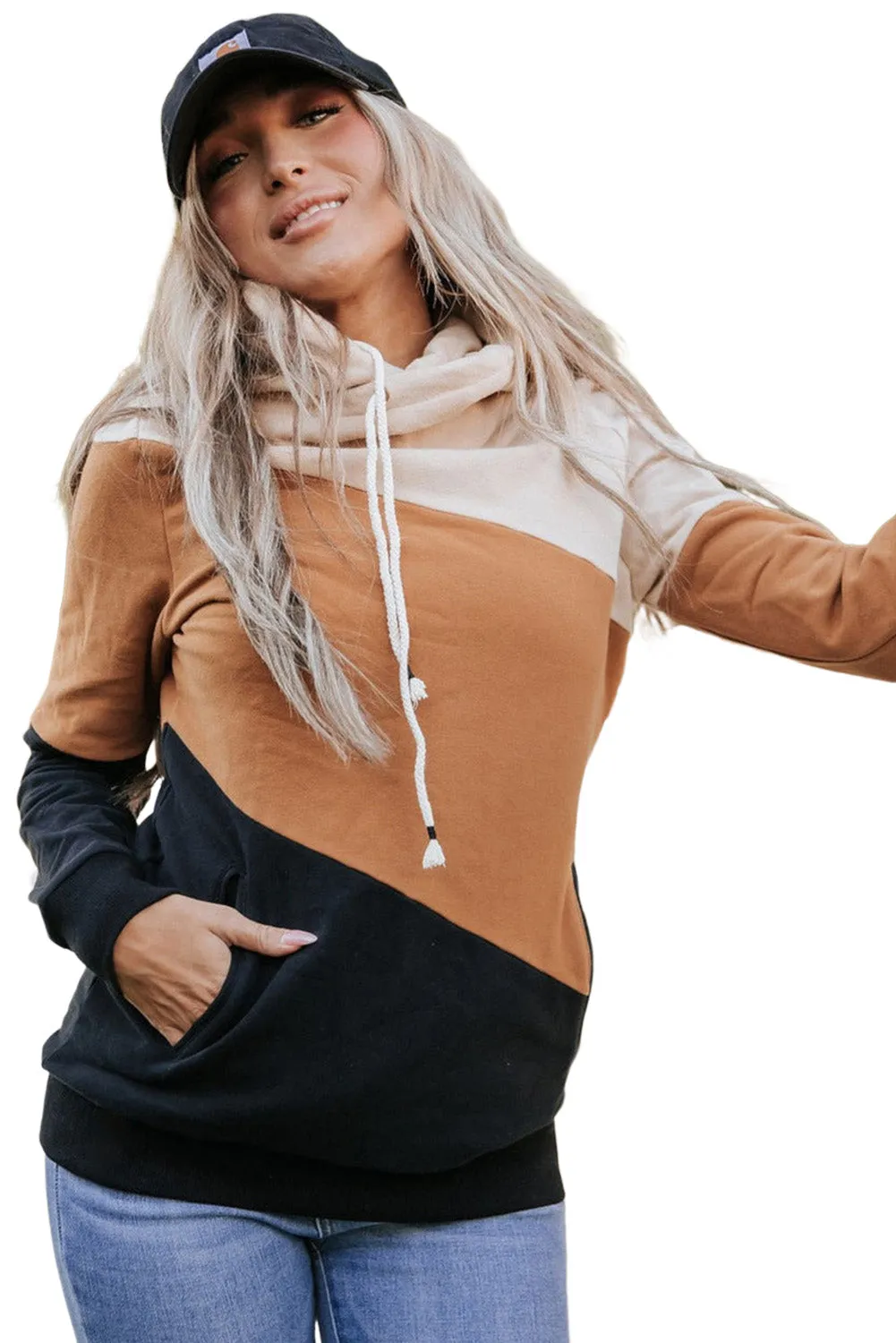 Khaki Pink Colorblock Pocketed Hoodie