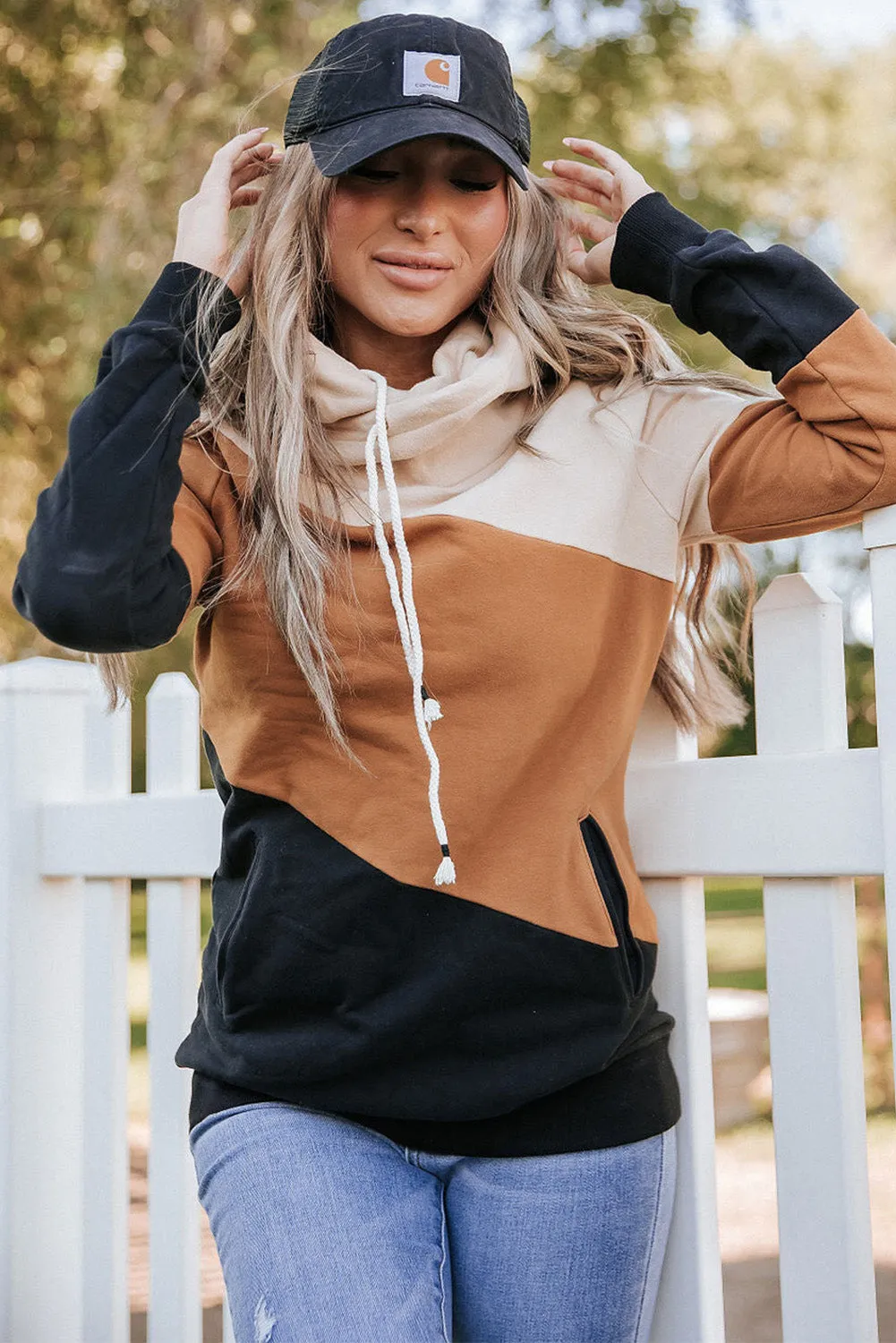 Khaki Pink Colorblock Pocketed Hoodie