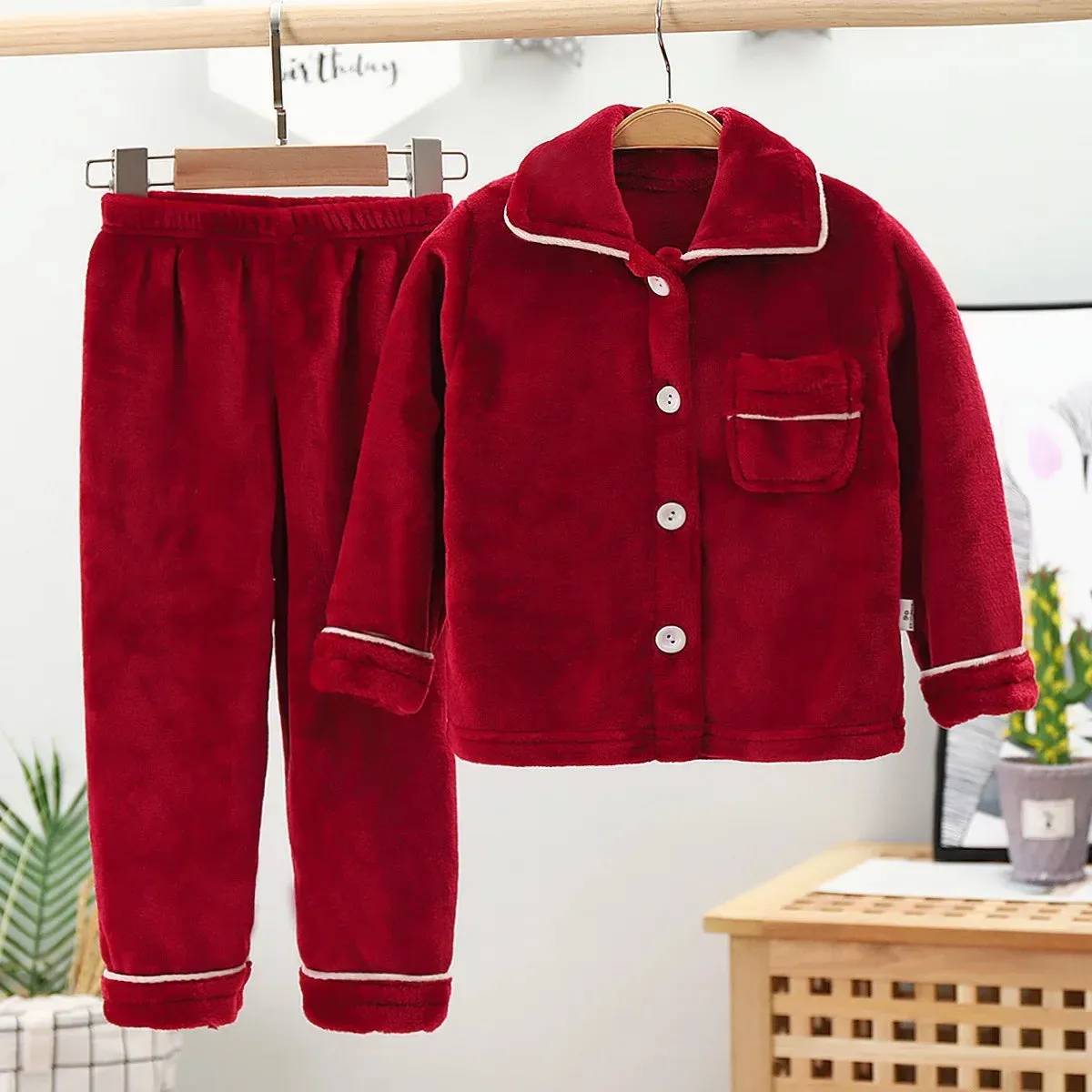 Kids Flannel Pajama Sets Boys Girls Autumn Winter Thicken Warm Solid Home Wear Children Lapel Long Sleeve Sleeping Clothing Sets