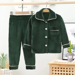 Kids Flannel Pajama Sets Boys Girls Autumn Winter Thicken Warm Solid Home Wear Children Lapel Long Sleeve Sleeping Clothing Sets