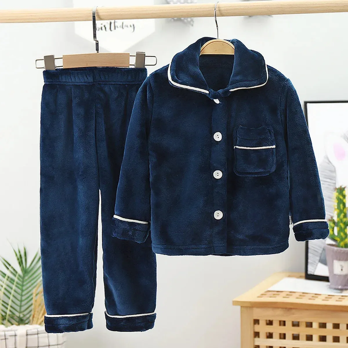 Kids Flannel Pajama Sets Boys Girls Autumn Winter Thicken Warm Solid Home Wear Children Lapel Long Sleeve Sleeping Clothing Sets