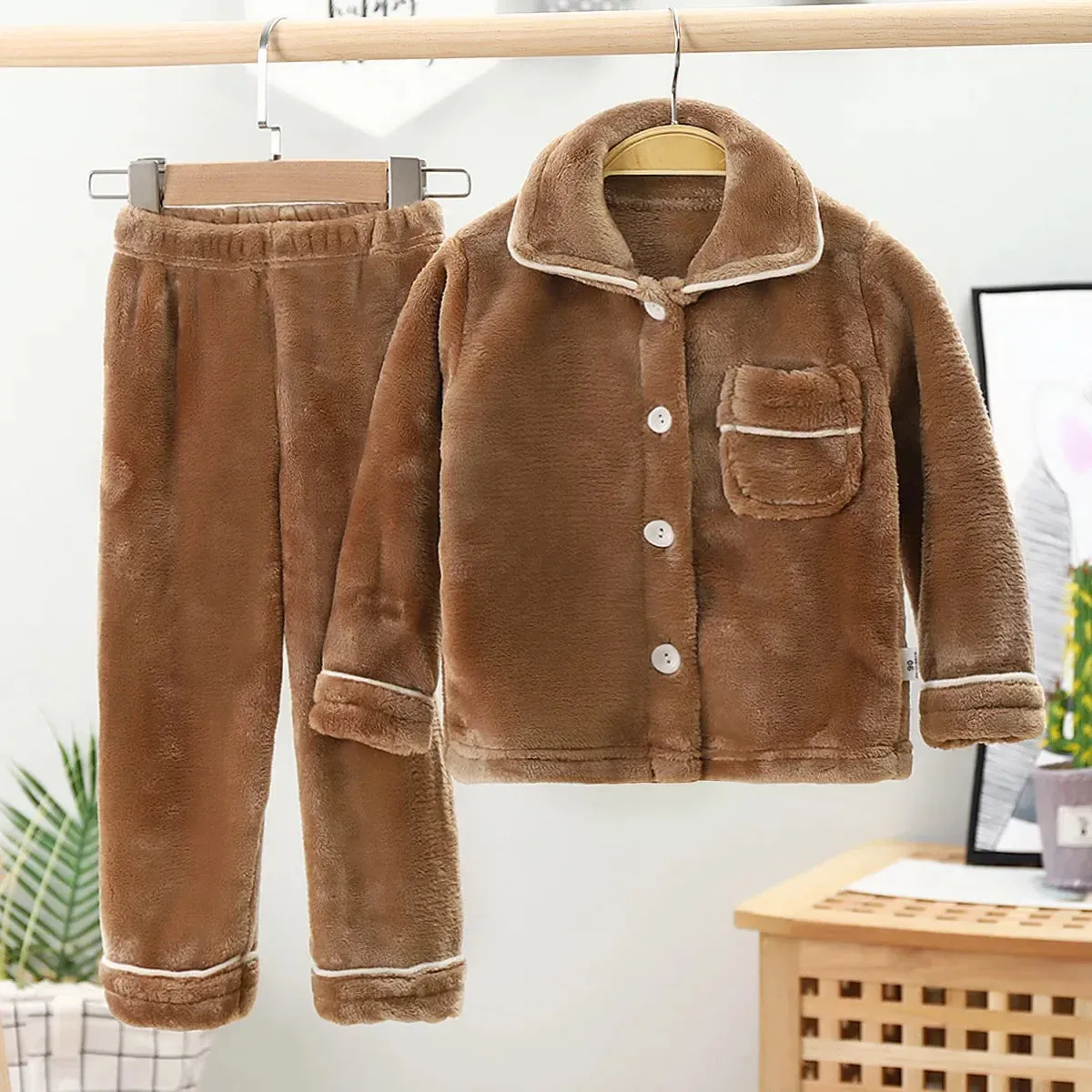Kids Flannel Pajama Sets Boys Girls Autumn Winter Thicken Warm Solid Home Wear Children Lapel Long Sleeve Sleeping Clothing Sets