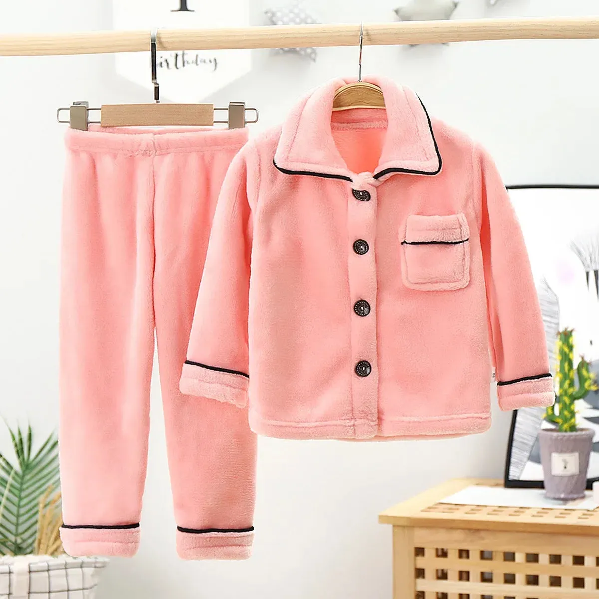 Kids Flannel Pajama Sets Boys Girls Autumn Winter Thicken Warm Solid Home Wear Children Lapel Long Sleeve Sleeping Clothing Sets