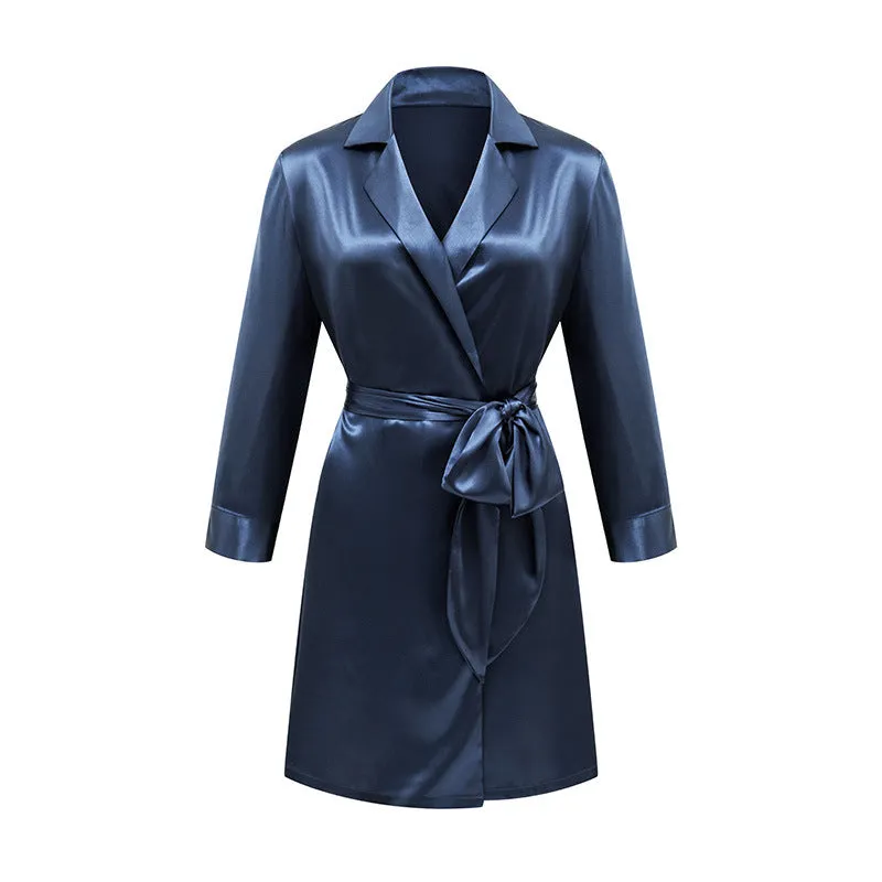 Lace Up Simulation Silk Bathrobe French Satin Pajamas