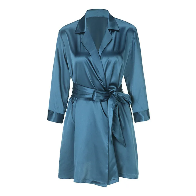 Lace Up Simulation Silk Bathrobe French Satin Pajamas