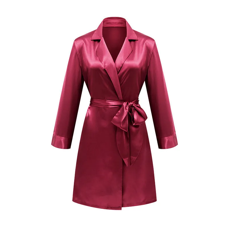 Lace Up Simulation Silk Bathrobe French Satin Pajamas
