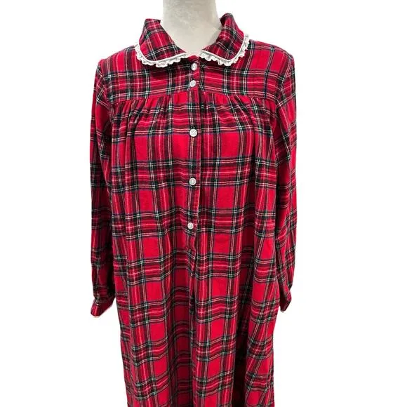 Lanz of Salzburg Flannel Nightgown Small Red Plaid Maxi Christmas Holiday Cabin