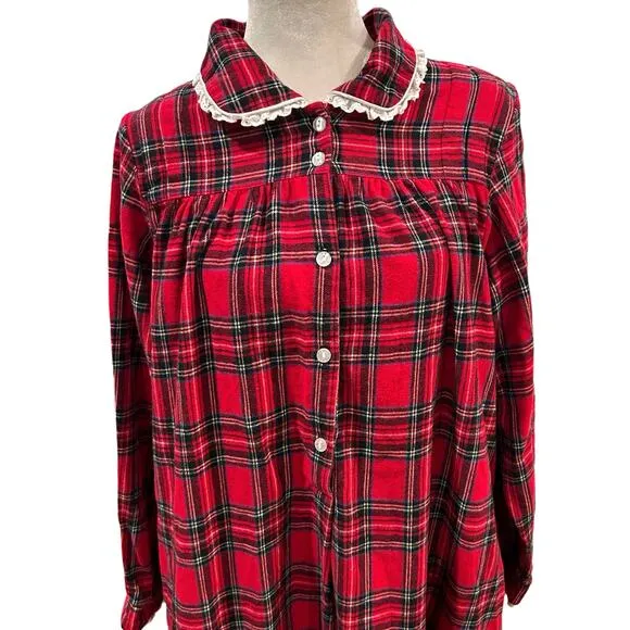 Lanz of Salzburg Flannel Nightgown Small Red Plaid Maxi Christmas Holiday Cabin