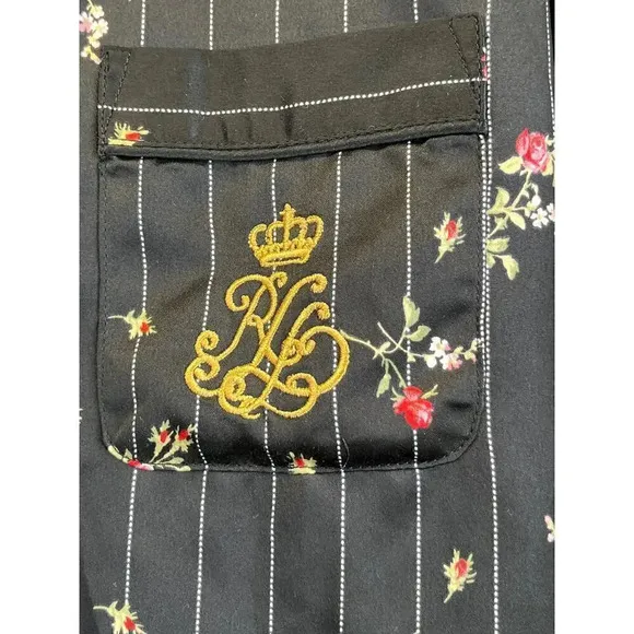 Lauren Ralph L. Small Black Red Rose Print Pajamas Pant Set