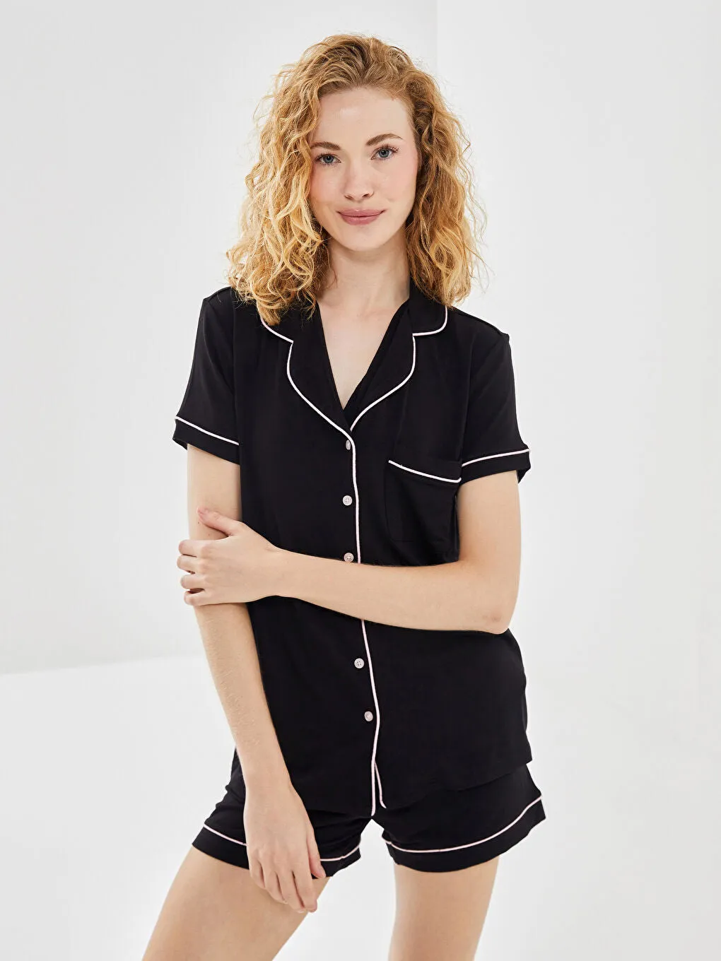 LCW DREAM Turquoise Shirt Collar Women Shorts Pajama Set