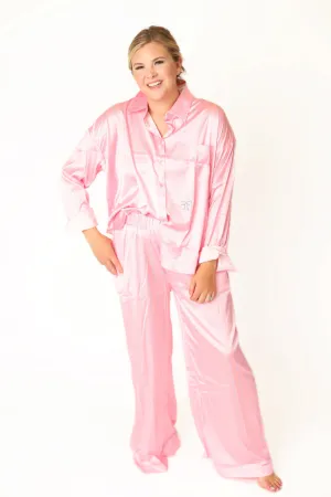 Long Sleeve Satin Pajama Pant Set - Pink Stripes