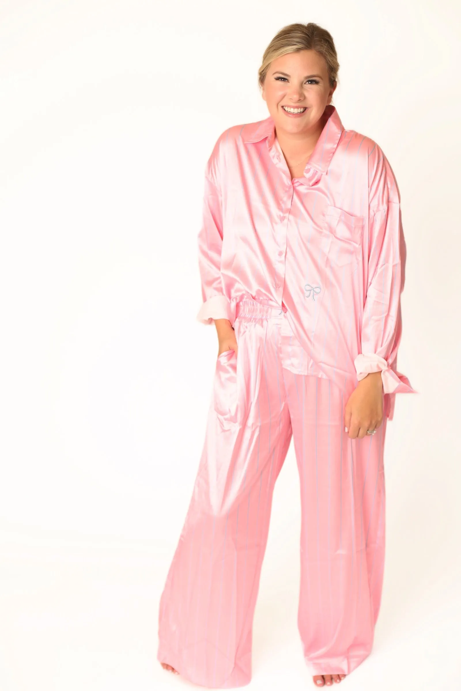 Long Sleeve Satin Pajama Pant Set - Pink Stripes