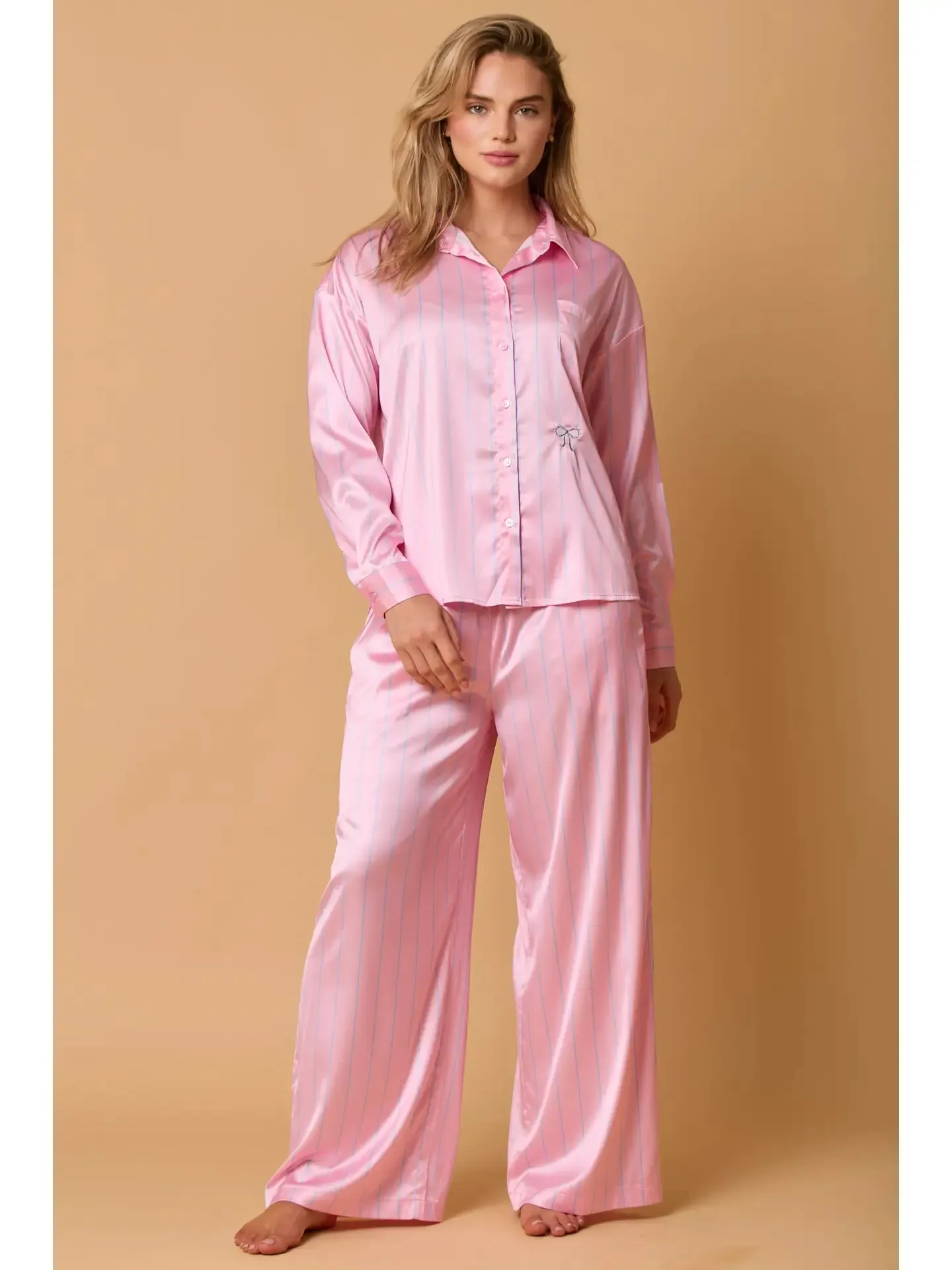 Long Sleeve Satin Pajama Pant Set - Pink Stripes