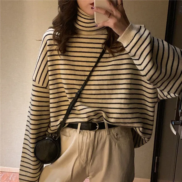 Loose Fit Striped Turtleneck Winter Sweater