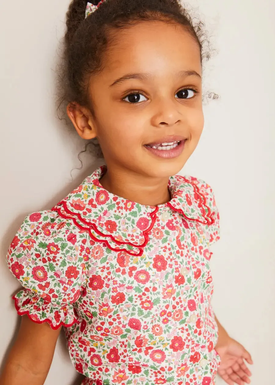 Margot Floral Short Sleeve Blouse in Red Made with Liberty Fabric