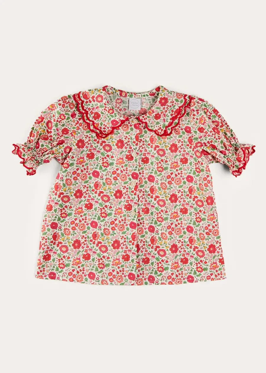 Margot Floral Short Sleeve Blouse in Red Made with Liberty Fabric