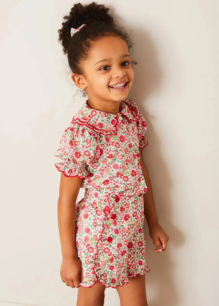 Margot Floral Short Sleeve Blouse in Red Made with Liberty Fabric