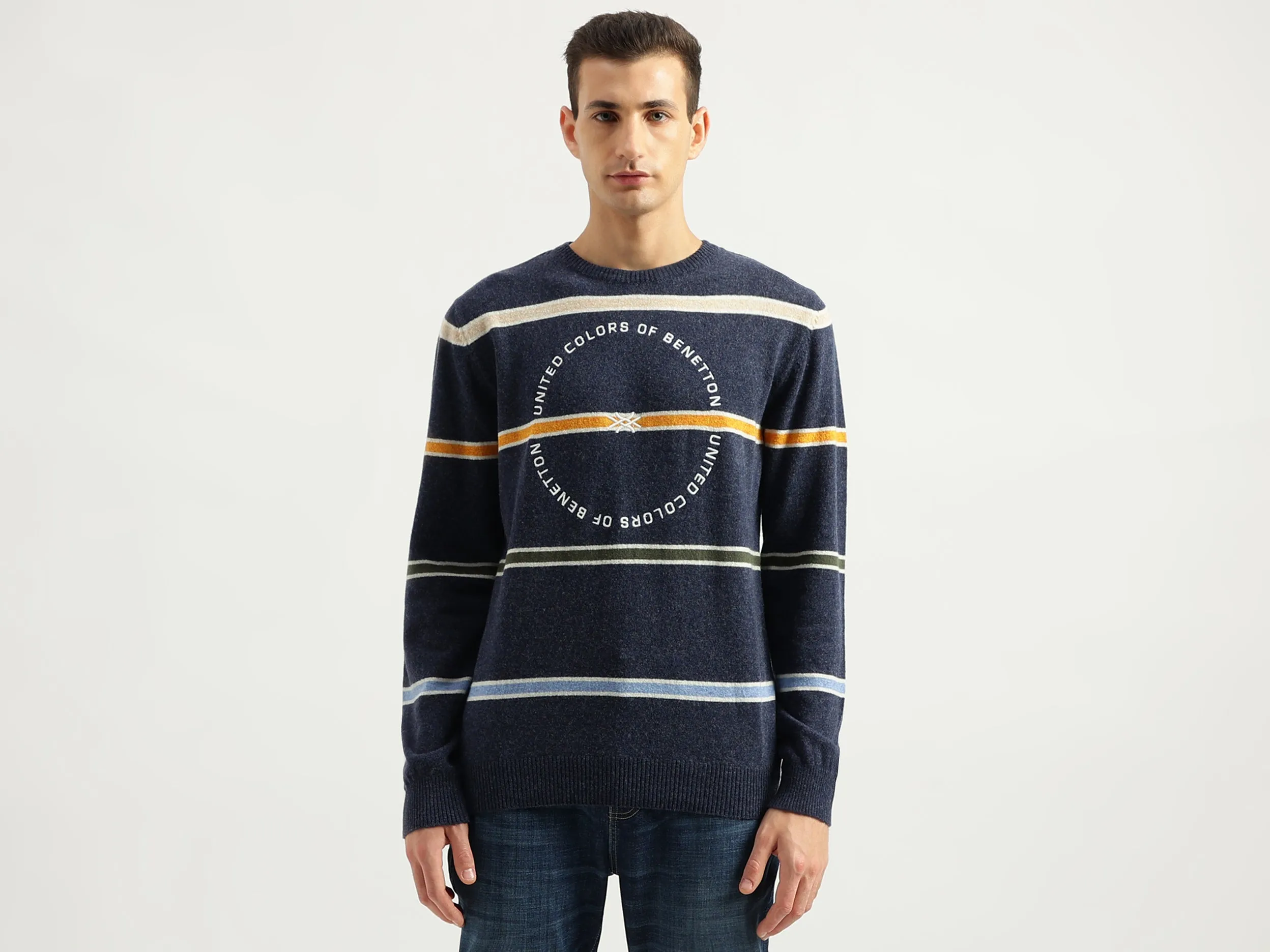Men's Regular Fit Round Neck Striped Sweaters
