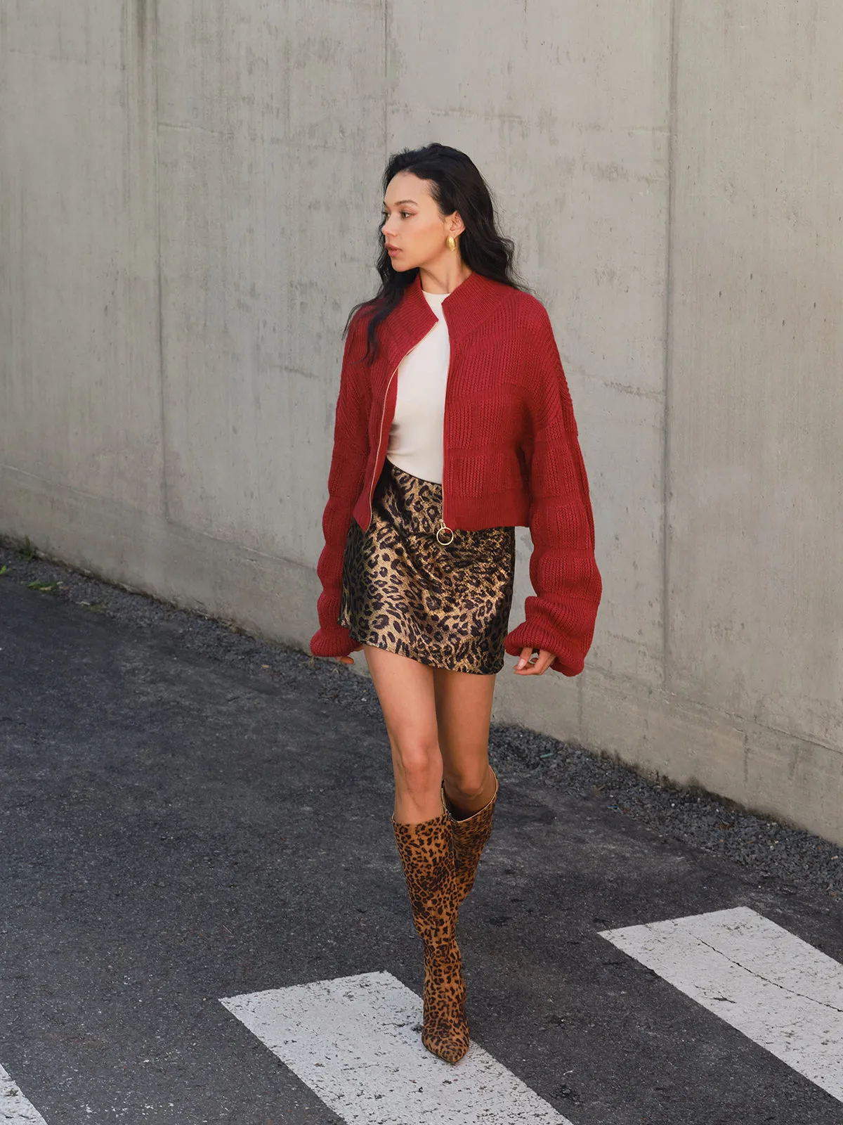 Mock Neck Zipper Short Cardigan