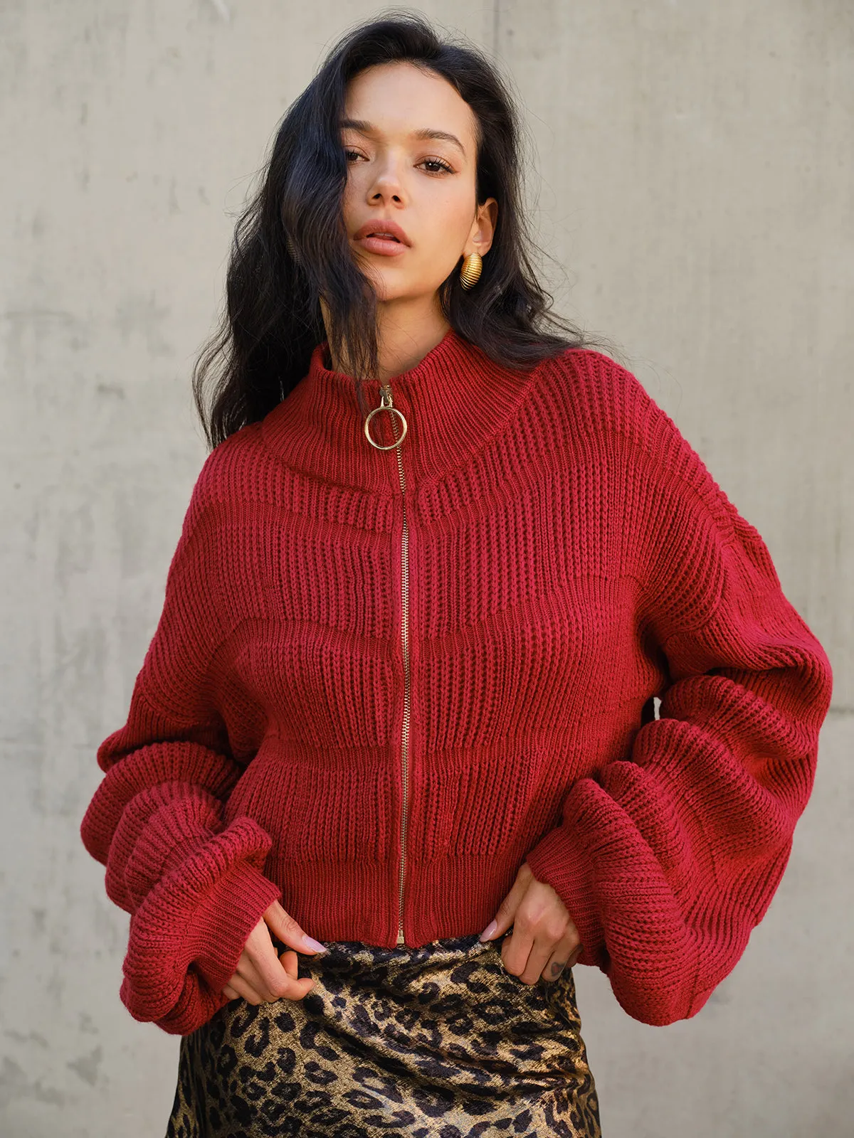 Mock Neck Zipper Short Cardigan