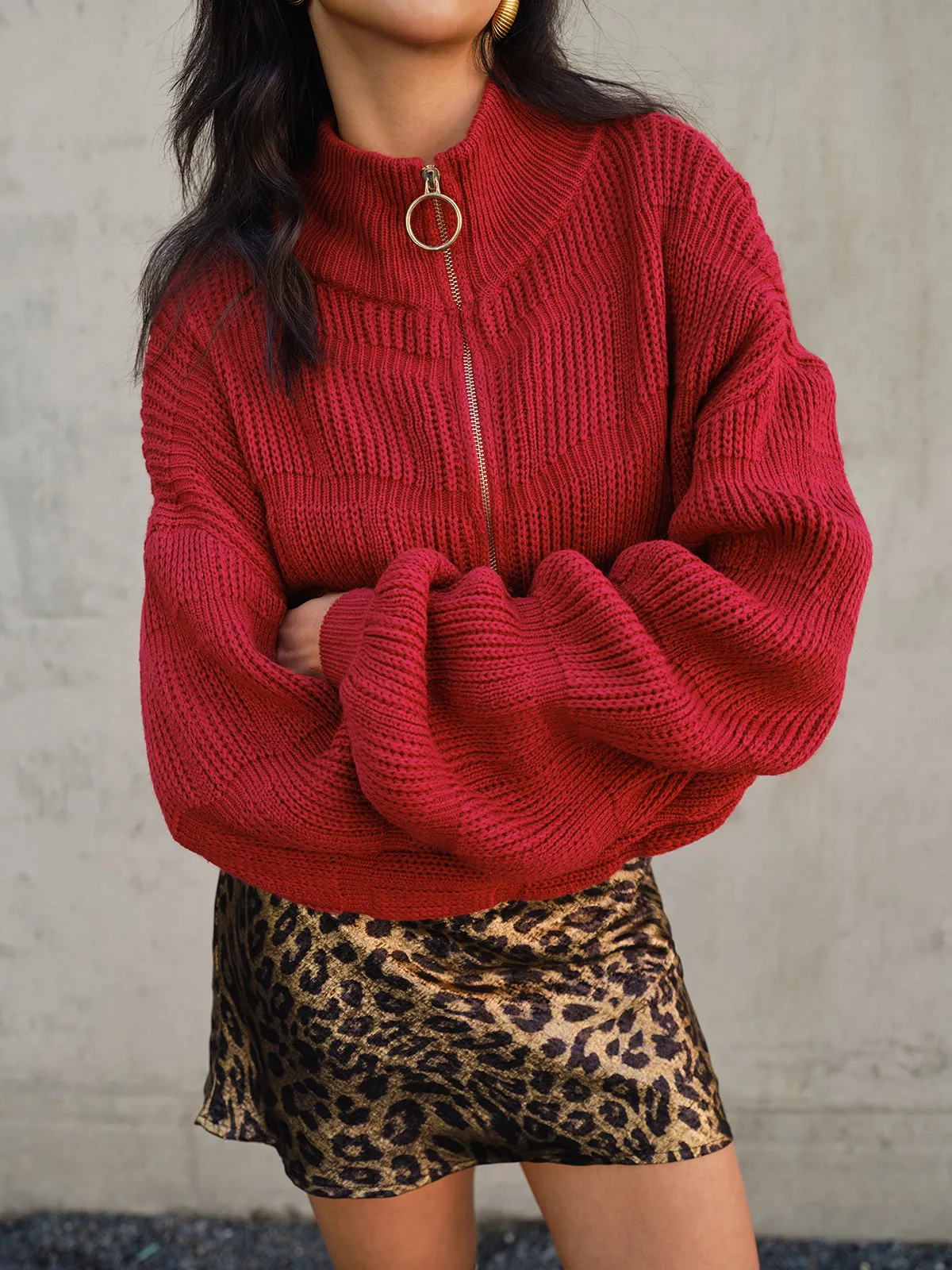 Mock Neck Zipper Short Cardigan