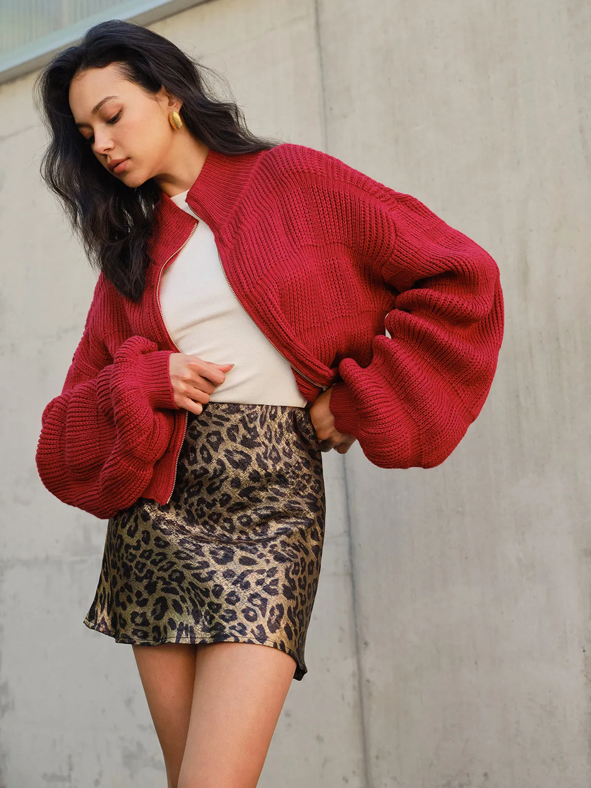 Mock Neck Zipper Short Cardigan