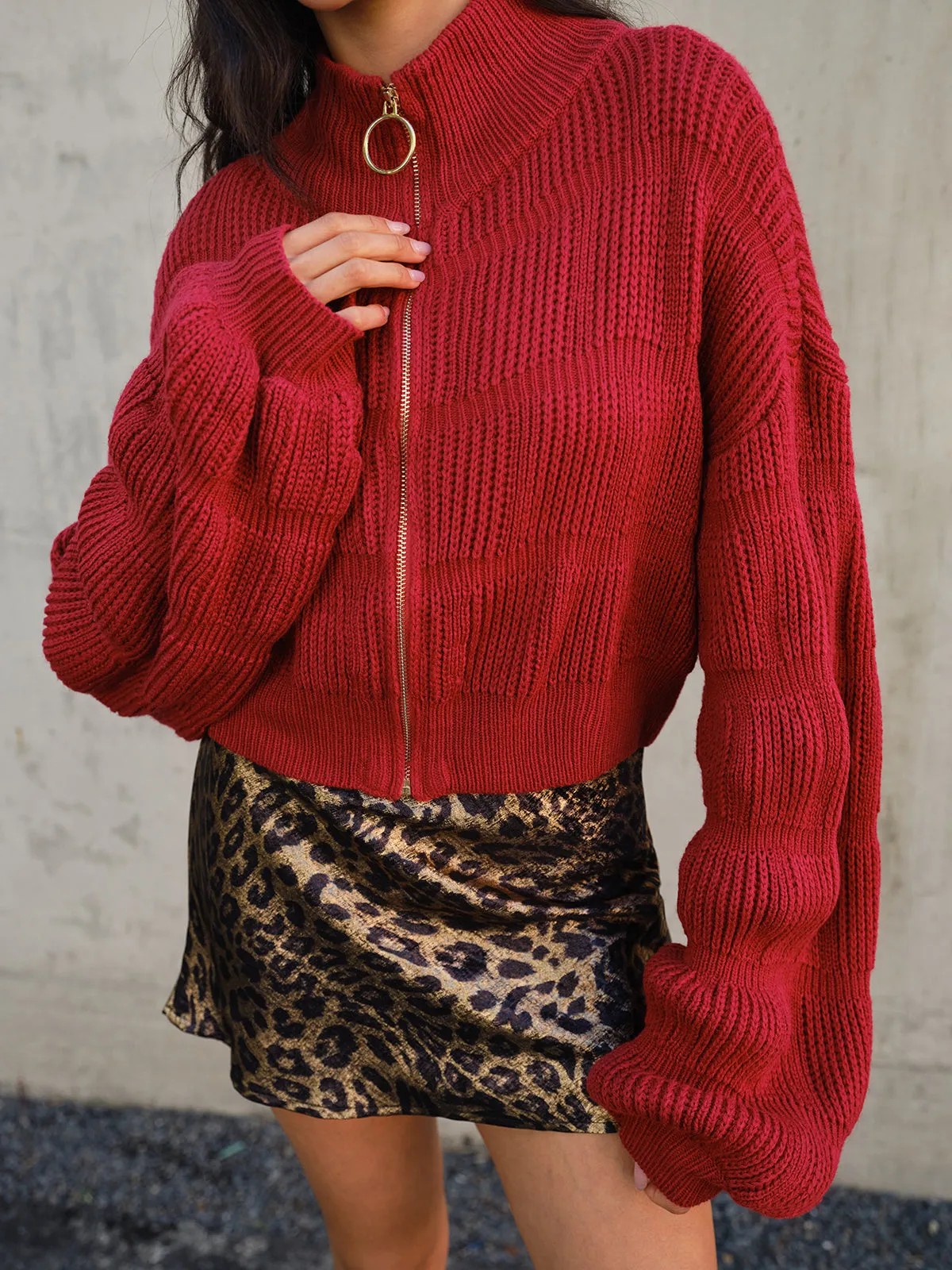 Mock Neck Zipper Short Cardigan