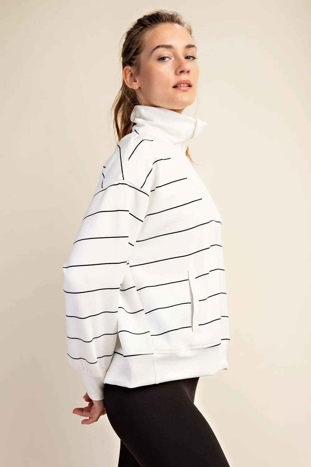 Modal Stripe Quarter Zip Mock Neck Pullover | RAE MODE