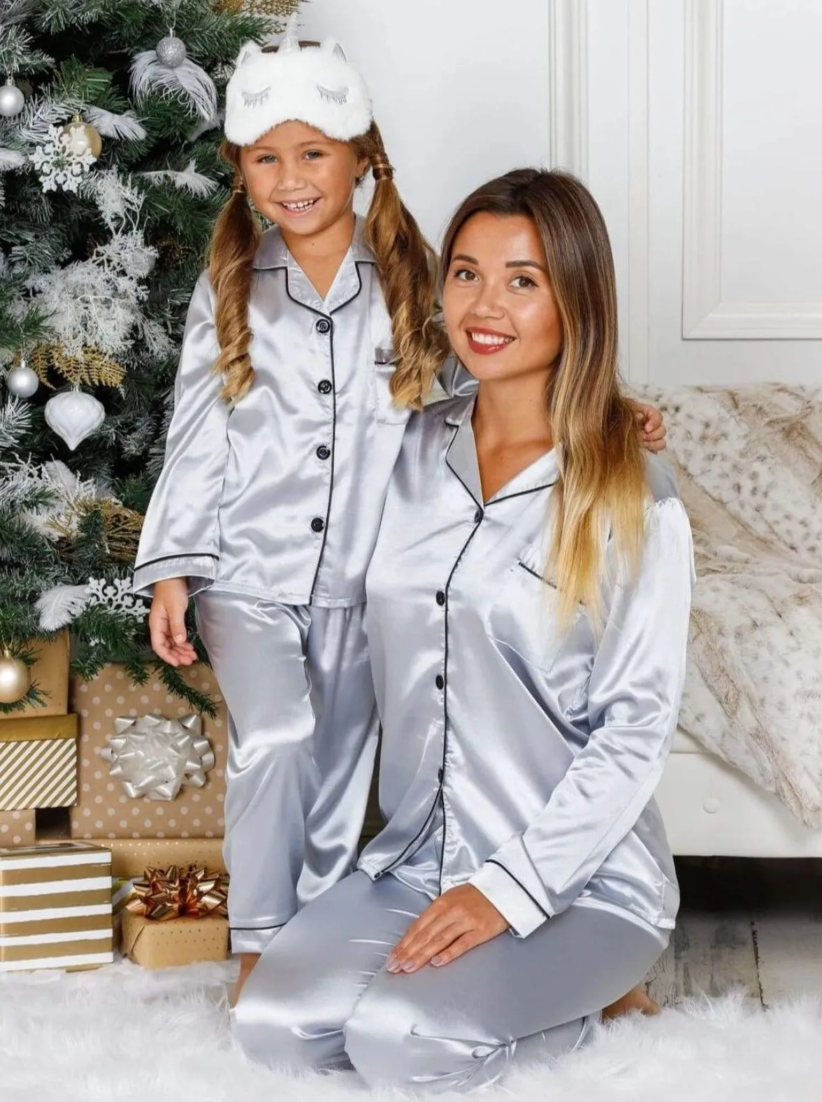 Mommy and Me Silky Long Sleeve Button Down Pajamas