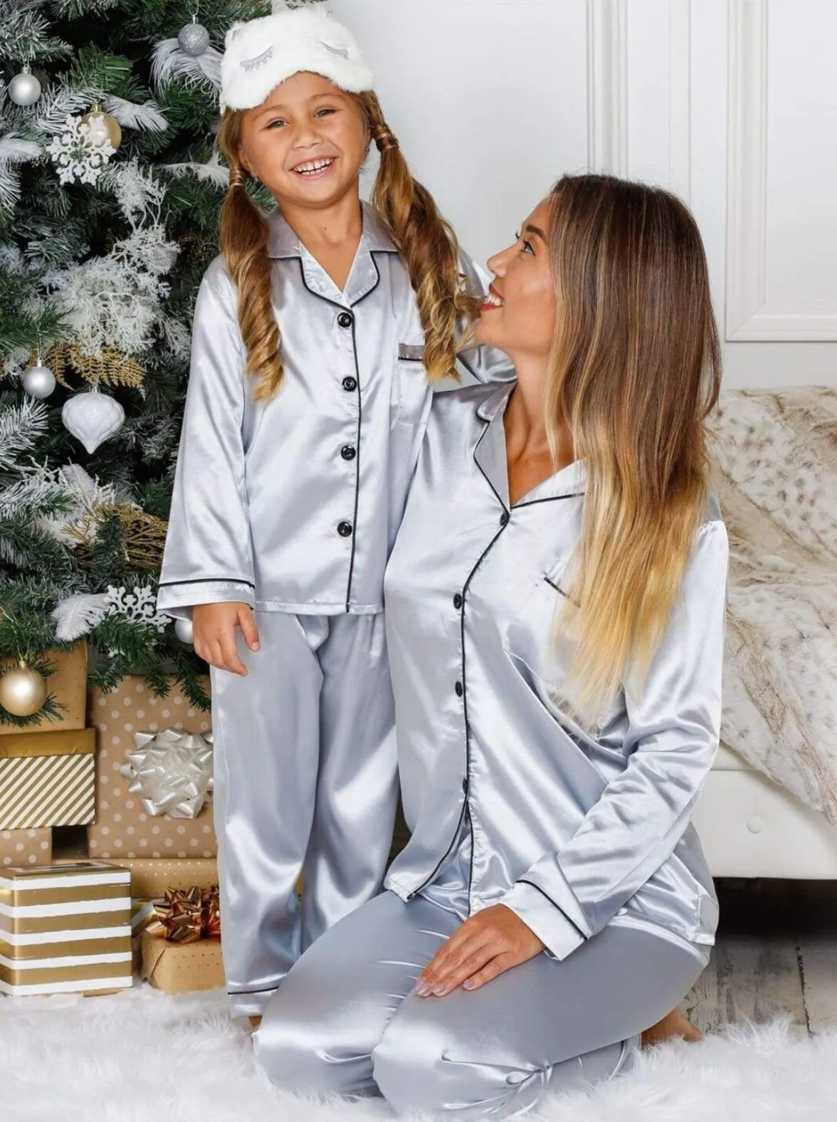 Mommy and Me Silky Long Sleeve Button Down Pajamas