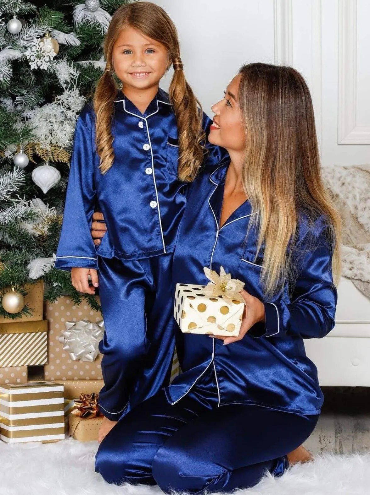Mommy and Me Silky Long Sleeve Button Down Pajamas