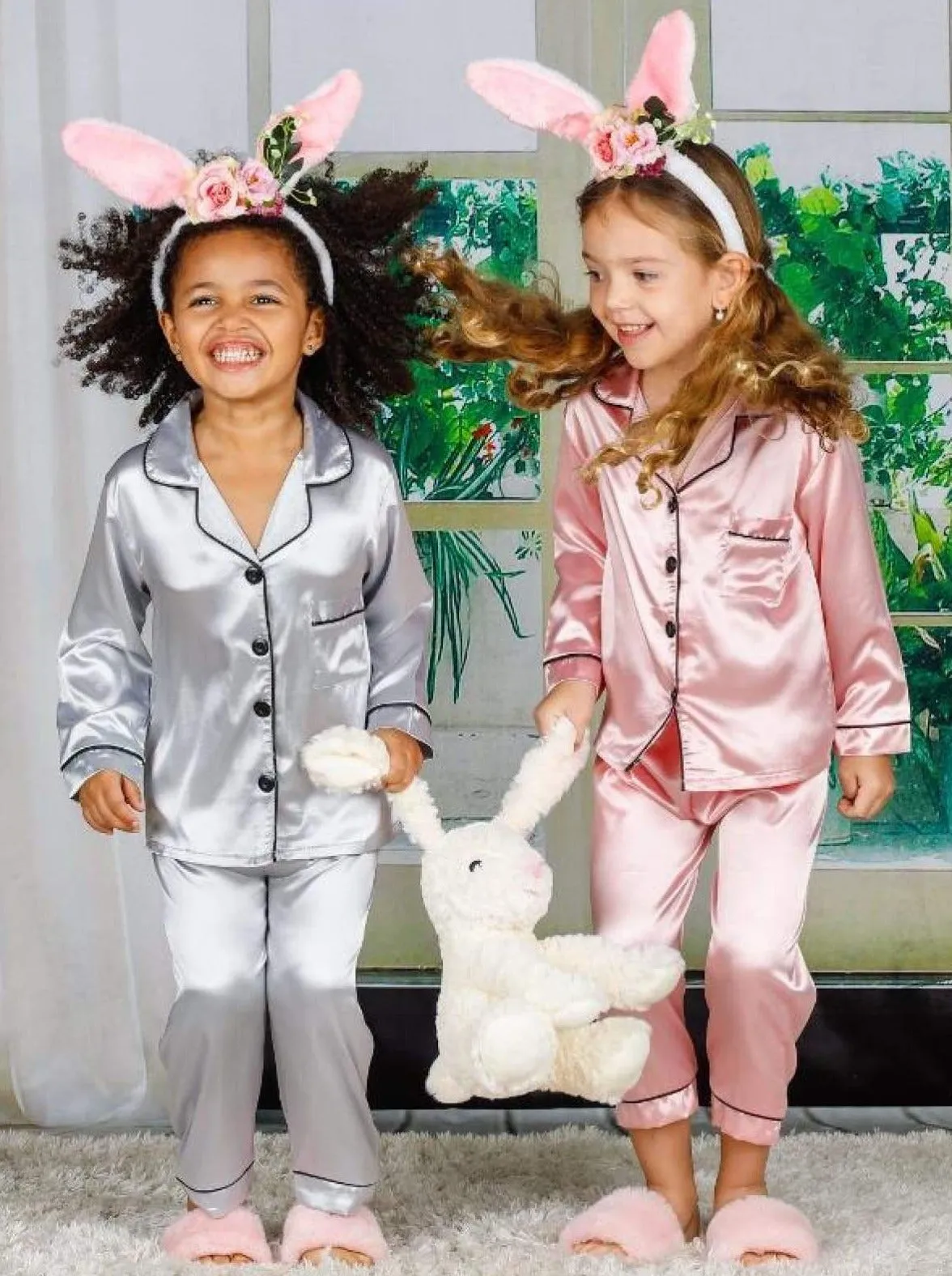 Mommy and Me Silky Long Sleeve Button Down Pajamas