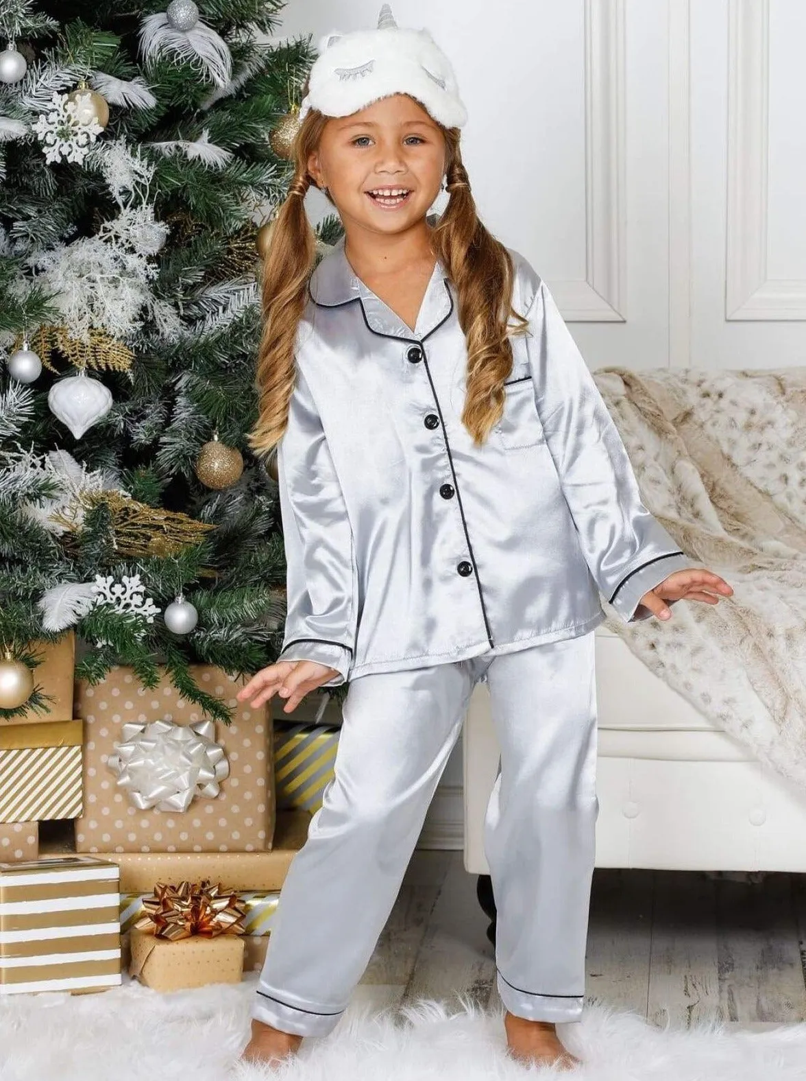 Mommy and Me Silky Long Sleeve Button Down Pajamas