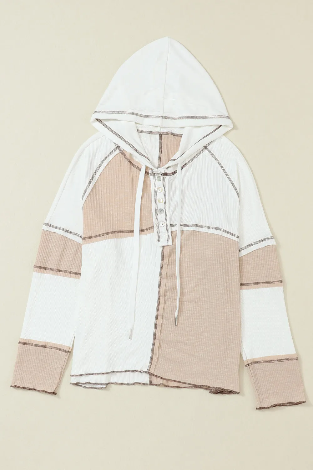 Multicolor Colorblock Seamed Ribbed Henley Hoodie