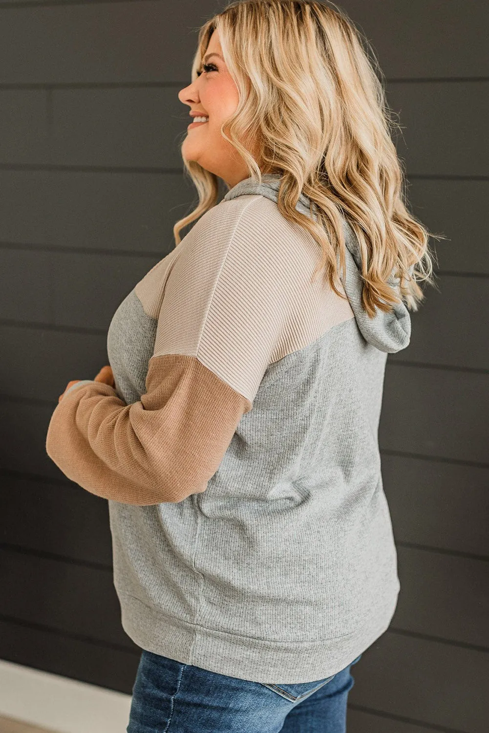 Multicolour Plus Size Colorblock Drop Shoulder Balloon Sleeve Hoodie