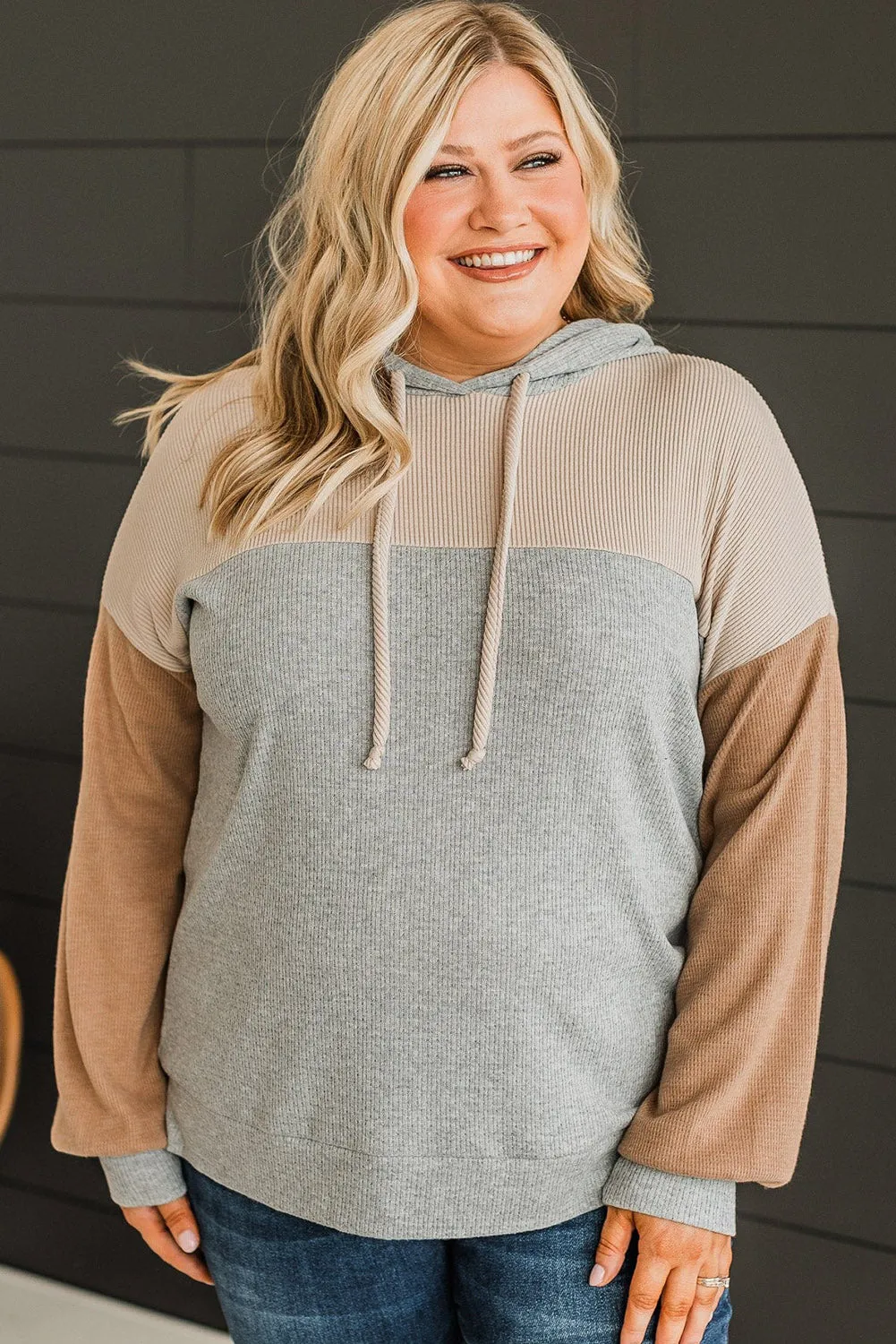 Multicolour Plus Size Colorblock Drop Shoulder Balloon Sleeve Hoodie