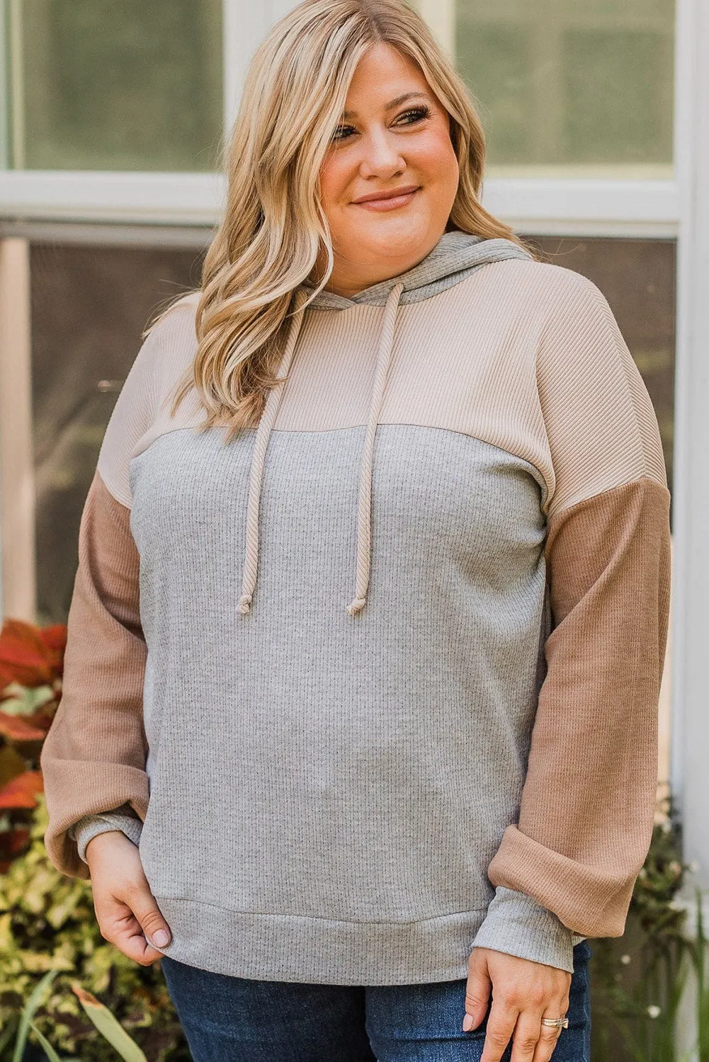 Multicolour Plus Size Colorblock Drop Shoulder Balloon Sleeve Hoodie
