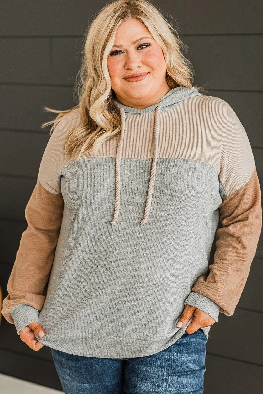 Multicolour Plus Size Colorblock Drop Shoulder Balloon Sleeve Hoodie