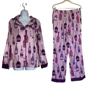 Munki Munki Purple Pajamas XXL Champagne Bottles Flannel 2 Pc Womens Size 2X NEW
