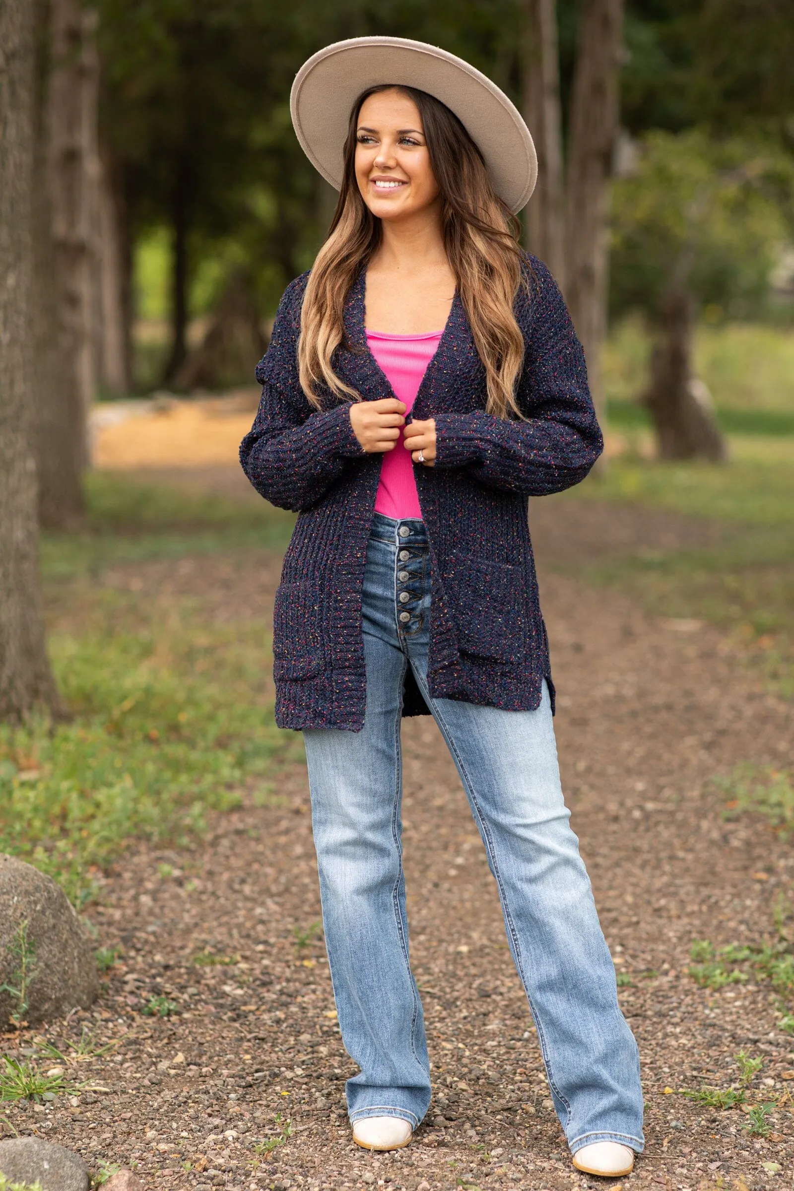 Navy Multicolor Popcorn Cardigan