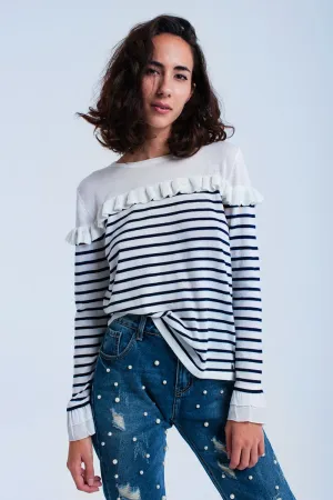 Navy striped sweater with ruffles